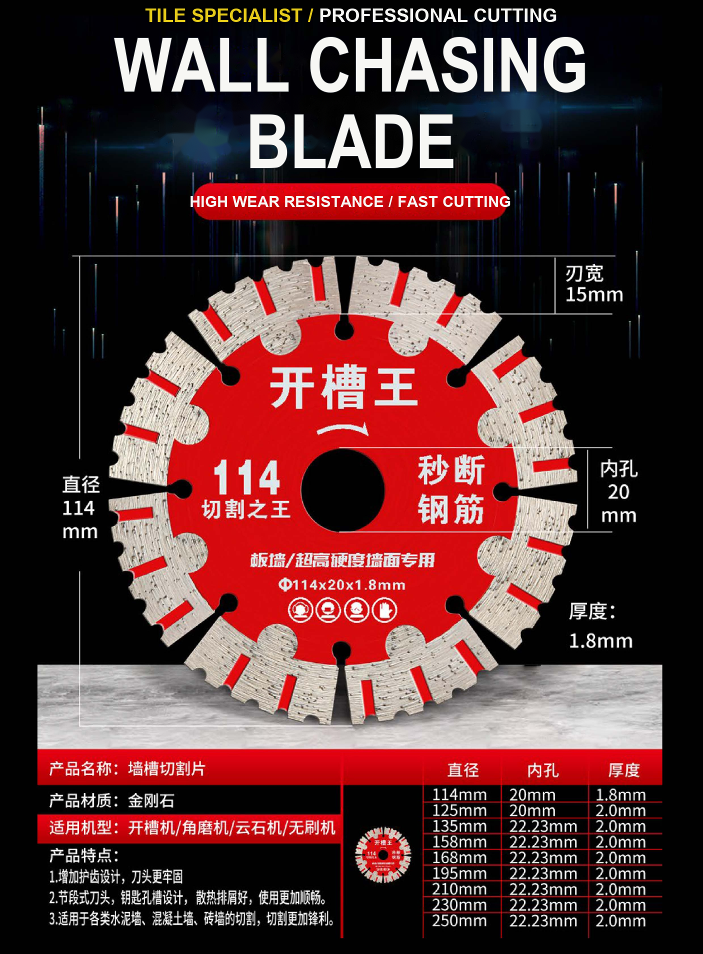 开槽王墙槽切割片 - 114mm / 20mm孔 / 1.8mm厚 / 15mm刀头宽 详情图